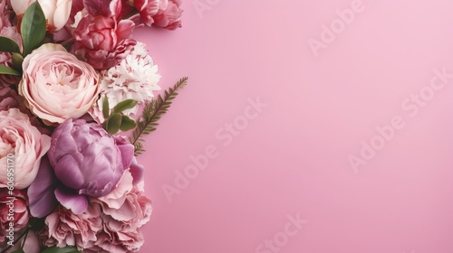 Peonies, roses on pink establishment with copy space. Inquisitively characteristic make chart organize with substance space. Creative resource, AI Generated © Denys