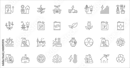 Energy related vector linear icon set. Energy industry. Electricity manufacturing technologies and modern facilities. Vector outline illustration Isolated on white background. Editable stroke