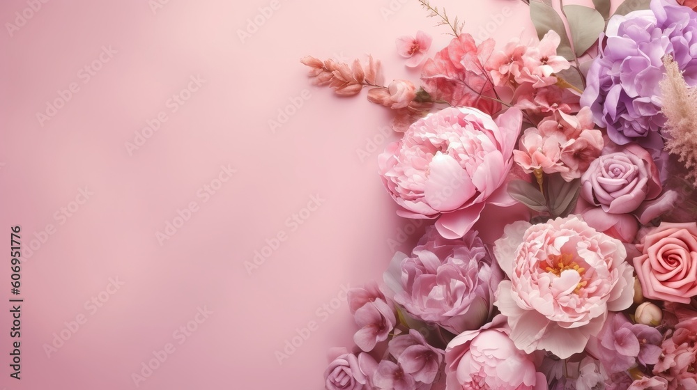 Peonies, roses on pink establishment with copy space. Inquisitively characteristic make chart organize with substance space. Creative resource, AI Generated