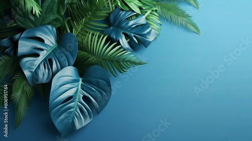 Collection of tropical leaves,foliage plant in blue color with space foundation. Creative resource, AI Generated