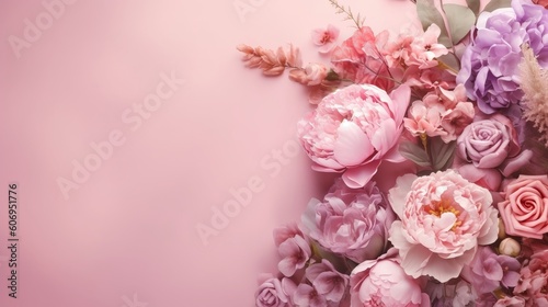 Peonies  roses on pink establishment with copy space. Inquisitively characteristic make chart organize with substance space. Creative resource  AI Generated