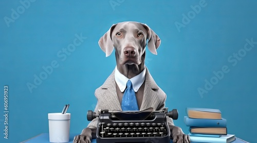 Representation of locks in puppy Weimaraner dressed as businessman with eyeglasses posturing close typewriter over blue studio foundation. Creative resource, AI Generated