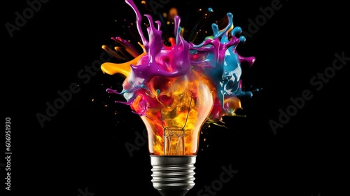 Inventive light bulb detonates with colorful paint and sprinkles on a dark foundation. Think in an unexpected way imaginative thought concept. Creative resource, AI Generated