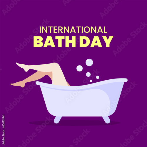 Woman bathing in a bathtub with a lot of foam, suitable for International Bath Day June 14