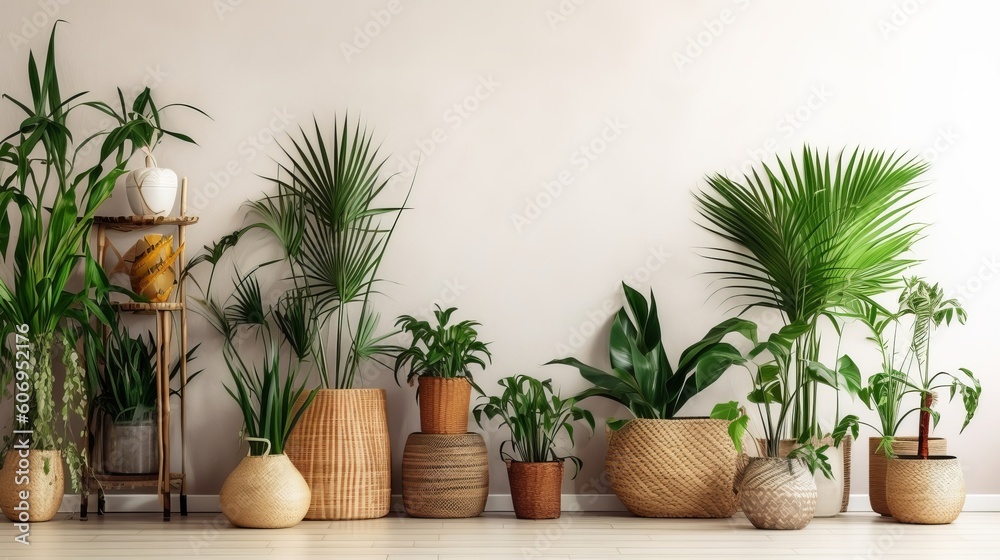 Unmistakable tropical plants in wicker pots close white divider at family. Creative resource, AI Generated