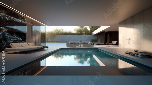 Organize picture of cutting edge organize living room and pool. Creative resource, AI Generated