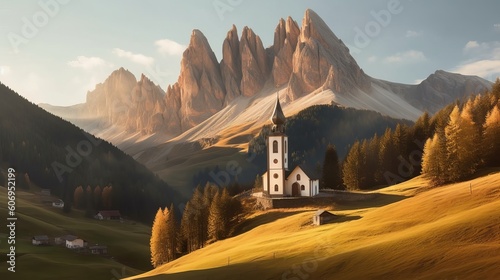 Church inward parts parts the valley, overwhelming nature see. Creative resource, AI Generated photo