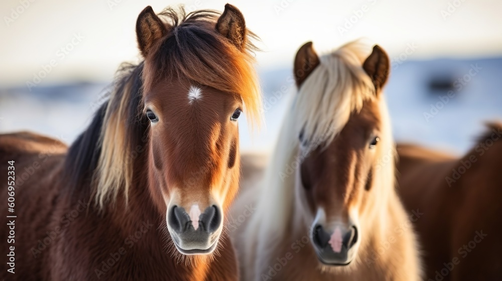 Fototapeta premium The Icelandic horse may be a breed of horse made in Iceland. Closeup Icelandic steeds. Creative resource, AI Generated