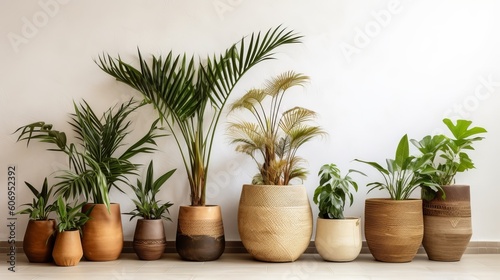 Unmistakable tropical plants in wicker pots close white divider at family. Creative resource  AI Generated