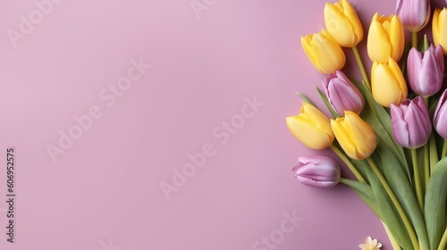 Mother's Day climate thought. Best see composition of bouquets of pink yellow tulips develops and colorful hearts doodads. Creative resource, AI Generated