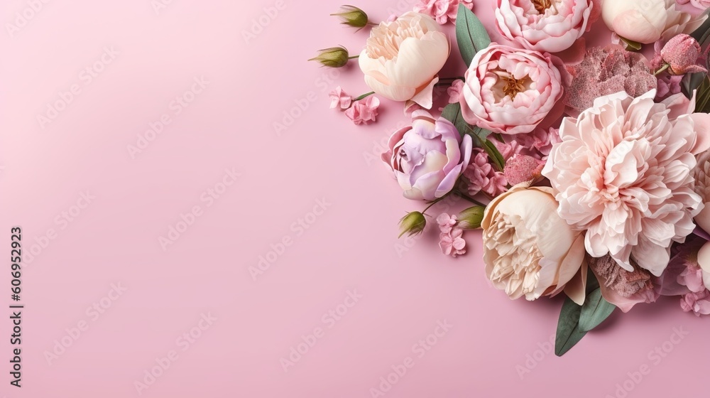 Peonies, roses on pink establishment with copy space. Inquisitively characteristic make chart organize with substance space. Creative resource, AI Generated Peonies, roses on pink establishment with copy space. Inquisitively characteristic make chart organize with substance space. Creative resource, AI Generated