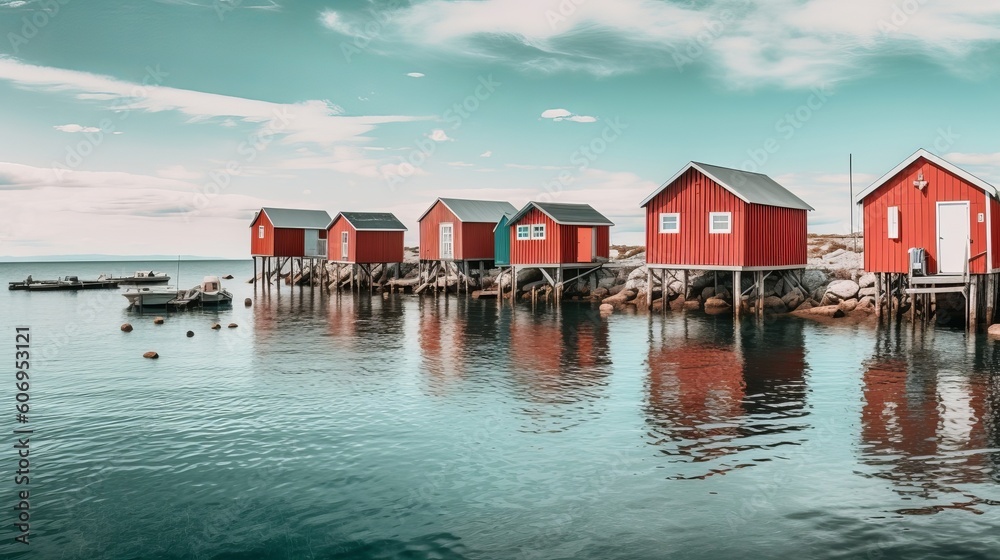 Blue water of ocean with getting to be flushed cabins on shore. Creative resource, AI Generated Blue water of ocean with getting to be flushed cabins on shore. Creative resource, AI Generated