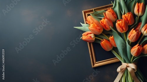 A bouquet of orange tulips in a vase. Chart with agrade spot cheerful Mother's Day. Creative resource, AI Generated #606953139