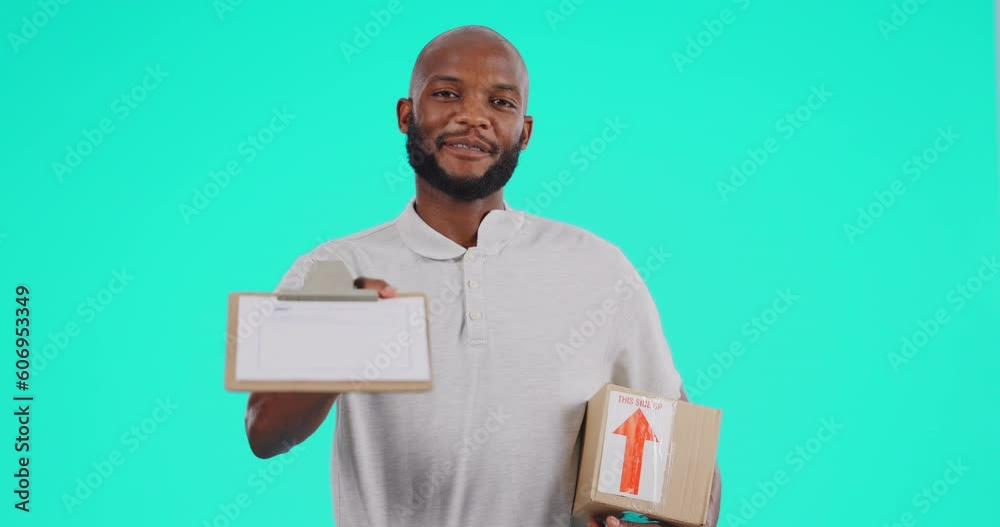 Portrait, delivery and document with a black man courier in studio on a blue background holding a box. Logistics, ecommerce or package with a happy male postal worker giving a clipboard for signature Portrait, delivery and document with a black man courier in studio on a blue background holding a box. Logistics, ecommerce or package with a happy male postal worker giving a clipboard for signature