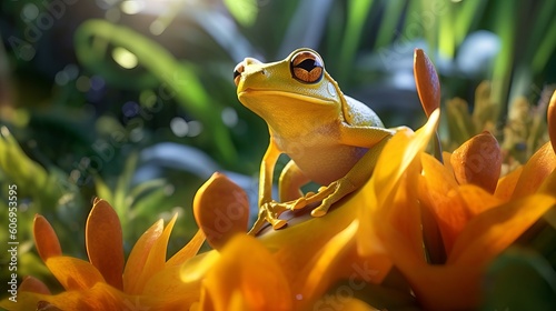Closeup of a yellow frog on a heliconia plant, Indonesia. Creative resource, AI Generated