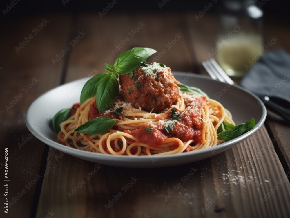 Spaghetti pasta with meatballs and tomato sauce on wooden table. Generative AI
