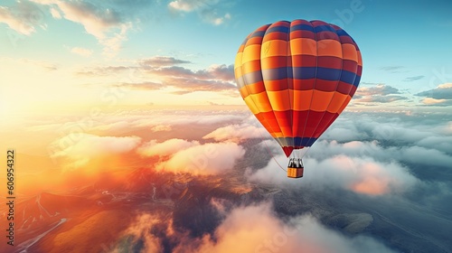 Hot air balloon flying high in the sky during sunset sunrise in the background generative ai © Chingiz