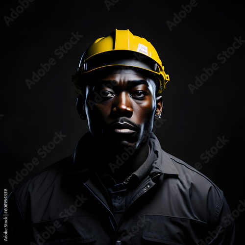 Generative KI AI starker bauarbeiter mit gelbem helm schwarzer hintergrund © Stefan