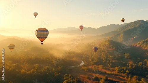 Colorful hot air balloons flying over mountain at Dot Inthanon in Chiang Mai, Thailand. generative ai