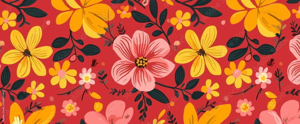 a red background of colorful flowers and leaves, in the style of flat and graphic, maranao art, free brushwork, yellow and pink, kinuko y. craft, nostalgic illustration a red background of colorful flowers and leaves, in the style of flat and graphic, maranao art, free brushwork, yellow and pink, kinuko y. craft, nostalgic illustration