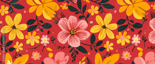 a red background of colorful flowers and leaves, in the style of flat and graphic, maranao art, free brushwork, yellow and pink, kinuko y. craft, nostalgic illustration photo