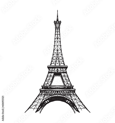 Fototapeta Naklejka Na Ścianę i Meble -  Eiffel tower in France straight view, doodle line sketch, vintage card, symbol of France sticker. Modern engraving on a white background.