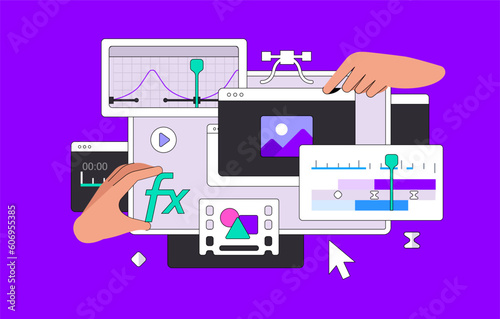 Motion Design Layout vector illustration with Hands. Dashboard for creating Video Effects