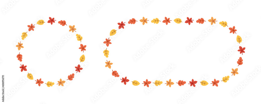 Autumn leaves round frame set. Wreath of fall elements, Halloween, Thanksgiving border template. Vector illustration.