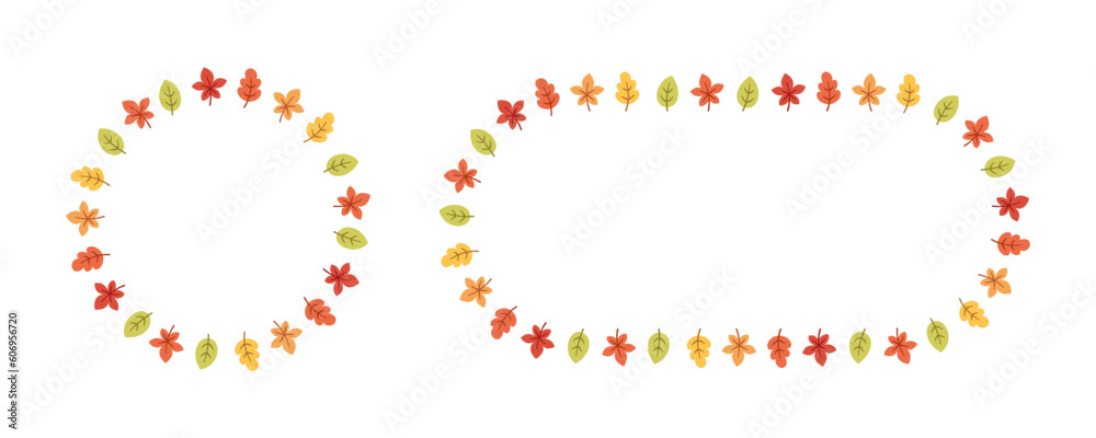 Autumn leaves round frame set. Wreath of fall elements, Halloween, Thanksgiving border template. Vector illustration.