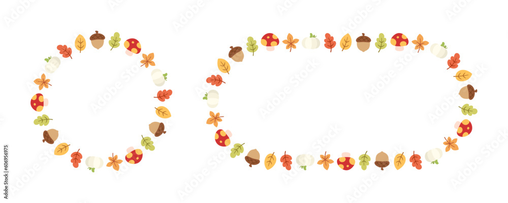 Autumn leaves round frame set. Wreath of fall elements, Halloween, Thanksgiving border template. Vector illustration.