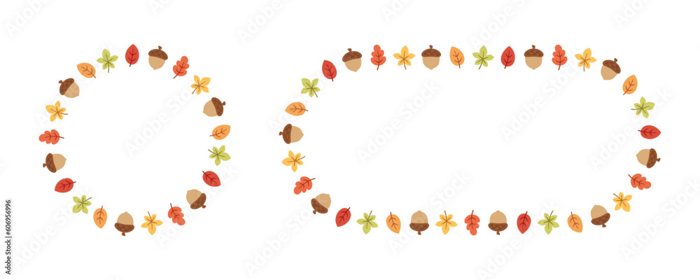 Autumn leaves round frame set. Wreath of fall elements, Halloween, Thanksgiving border template. Vector illustration. Autumn leaves round frame set. Wreath of fall elements, Halloween, Thanksgiving border template. Vector illustration.