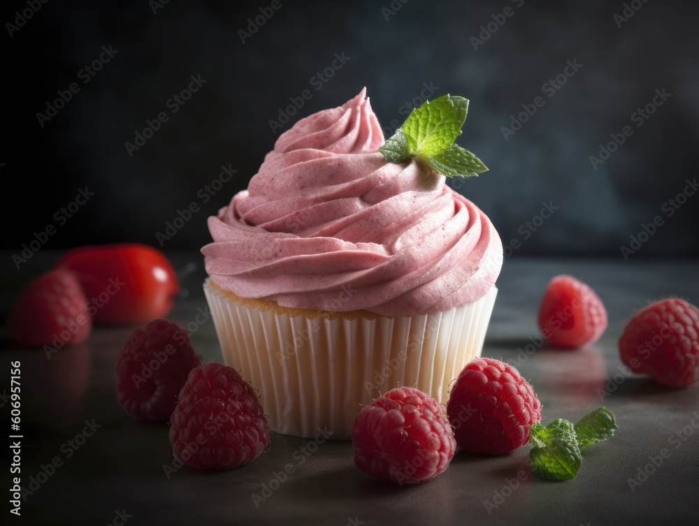 Pink Frosted Cupcakes with a Strawberry on Top. Generative AI Pink Frosted Cupcakes with a Strawberry on Top. Generative AI
