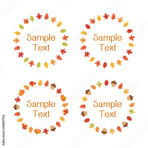 Autumn leaves round frame set. Wreath of fall elements, Halloween, Thanksgiving border template. Vector illustration. © Aletheia Shade