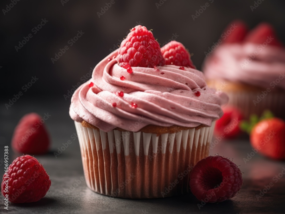 Pink Frosted Cupcakes with a Strawberry on Top. Generative AI Pink Frosted Cupcakes with a Strawberry on Top. Generative AI