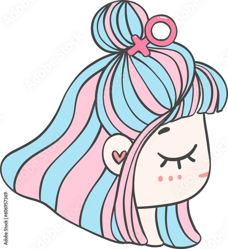 Cute girl happy strong face with colourful fashion hair cartoon character hand drawing doodle outline