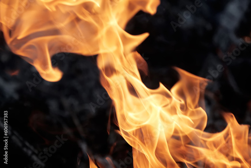 Defocused, abstract and textured flames burning a pile of dry leaves.