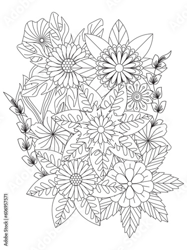 Beautiful bouquet of flowers in black and white for colorbook or design on a card. Page for adult coloring book.