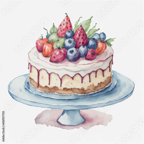 watercolor birthday cake plate isolated on white background