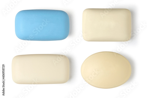 Four piece of different toilet soap on a white background. Full depth of field. With clipping path