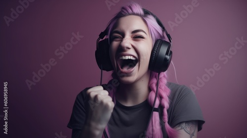 girl gamer rejoices celebrates the victory in the computer game esports woman cybersports pink background