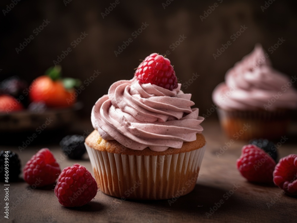 Pink Frosted Cupcakes with a Strawberry on Top. Generative AI