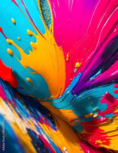 Vibrant and dynamic art captured up close, showcasing colorful paint splatters and brushstrokes on a canvas with intricate details and expressive flair