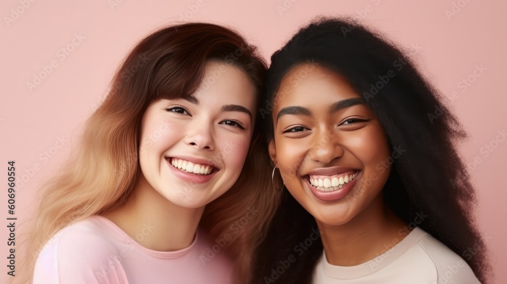 Girls women multiracial multinational happy laughing on one color monochrome background pastel color Girls women multiracial multinational happy laughing on one color monochrome background pastel color