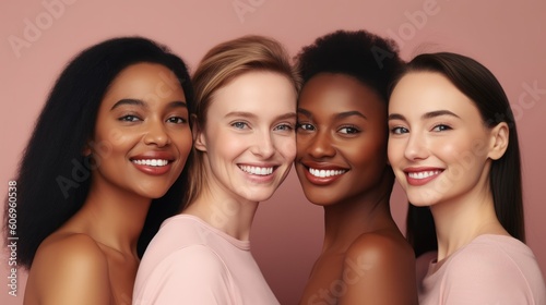 Girls women multiracial multinational happy laughing on one color monochrome background pastel color