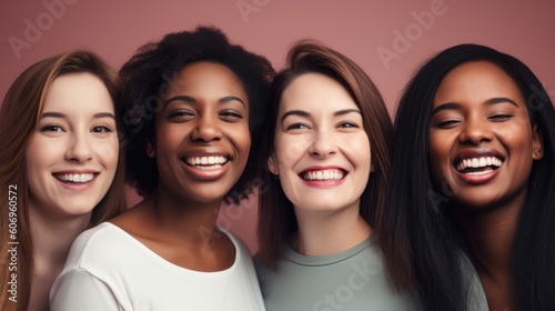 Girls women multiracial multinational happy laughing on one color monochrome background pastel color