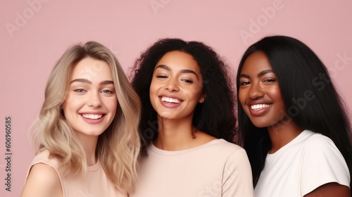 Girls women multiracial multinational happy laughing on one color monochrome background pastel color