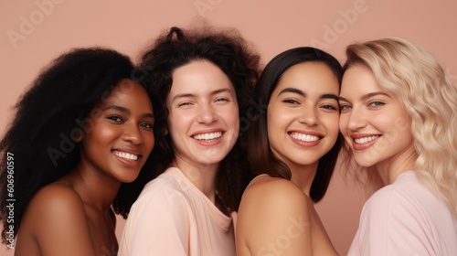 Girls woman multiracial multinational happy laughing on one color monochrome background pastel color