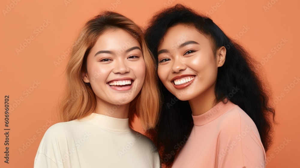 Girls woman multiracial multinational happy laughing on one color monochrome background pastel color Girls woman multiracial multinational happy laughing on one color monochrome background pastel color