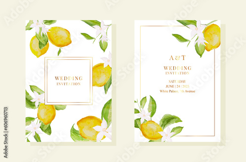 Wedding pemplates with watercolor lemon and leaves. Gold frames