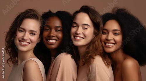 Girls woman multiracial multinational happy laughing on one color monochrome background pastel color